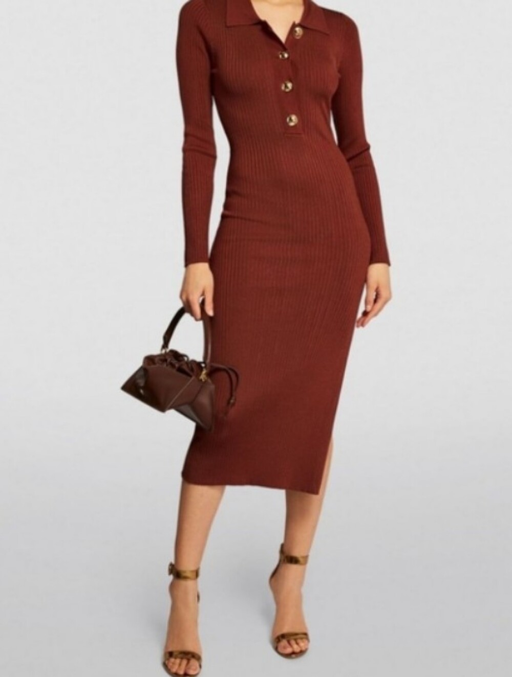 Good American Brick Ribbed Polo Midi Dress, Stretchy,Long Sleeves, Slit Sz 1/2